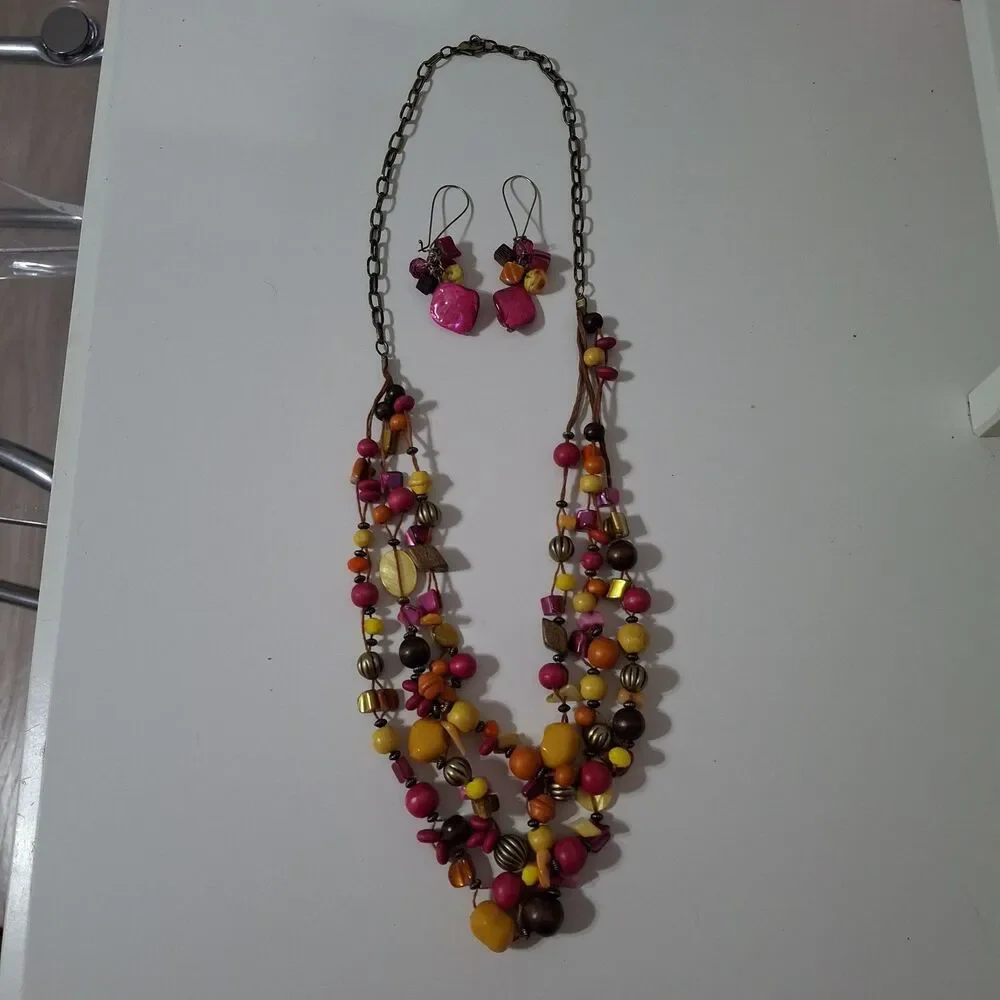 Layered Pink Yellow Orange Wooden Acrylic Beaded Necklace and Earring Lot